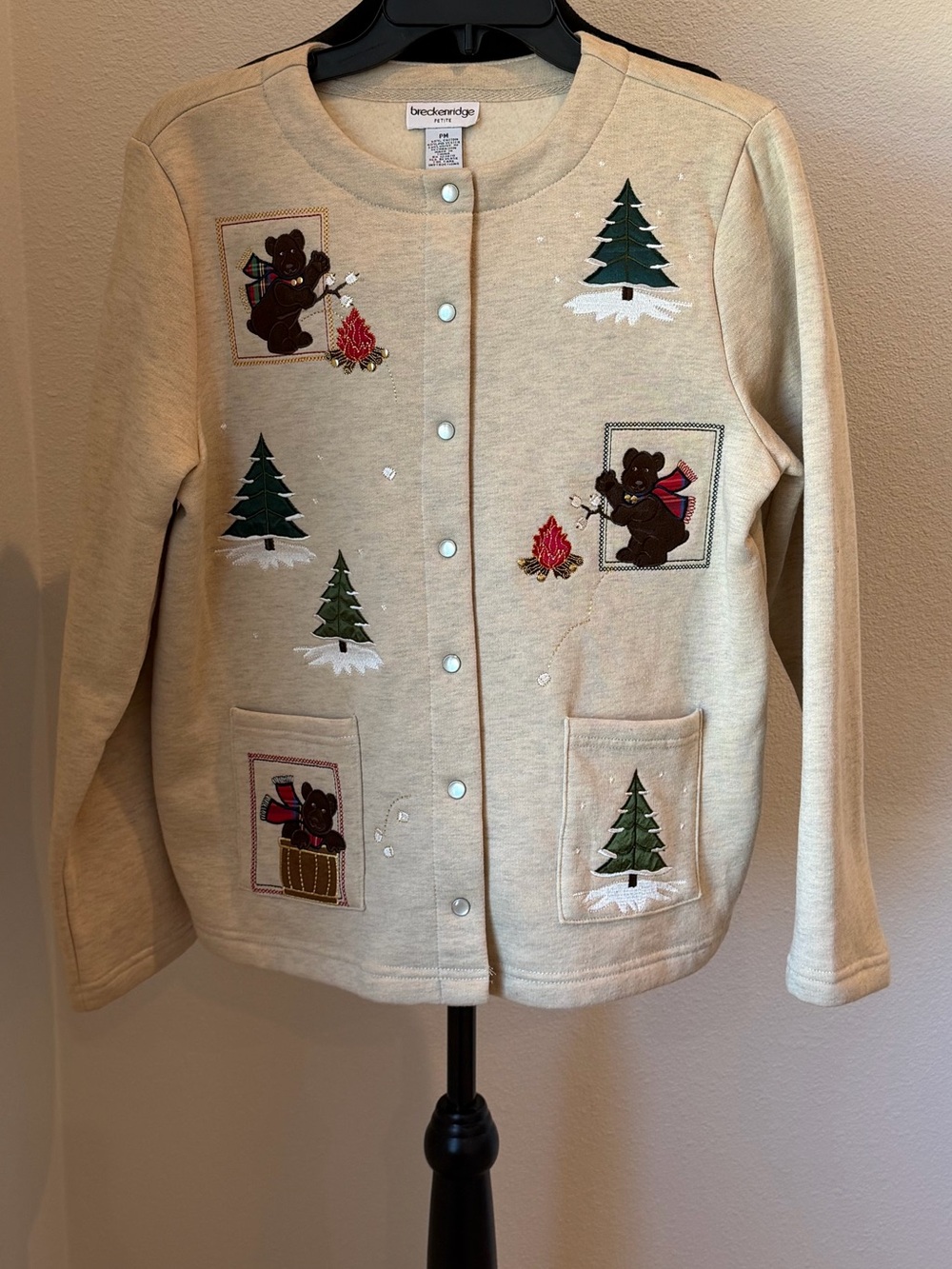 Vintage Breckenridge Petite Cream Holiday Bear & Tree Button Front Cardigan PM